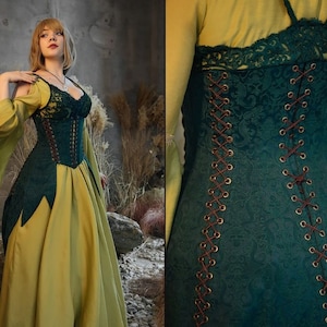 Green elvish fantasy dress, cottagecore cotton dress, Fairy costume, underbust jacquard corset, LARP costume, Made to order image 1