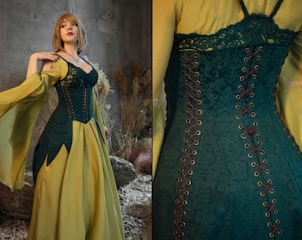 Green elvish fantasy dress,  cottagecore cotton dress, Fairy costume, underbust jacquard corset, LARP costume, Made to order