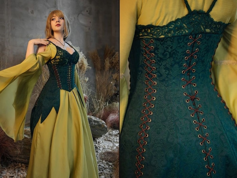 Green elvish fantasy dress, cottagecore cotton dress, Fairy costume, underbust jacquard corset, LARP costume, Made to order zdjęcie 1