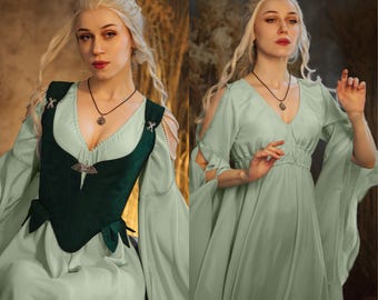 Vestido de fantasía élfica, vestido de algodón, disfraz de hada, corsé verde a media altura, disfraz para LARP, hecho a medida.