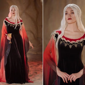 Black and red fantasy gown with ombre chiffon sleeves, Velvet elven dress, Gothic Fairy dragon style costume, Ren Faire dress, Made to order