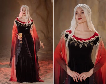 Schwarz-rotes Fantasy-Kleid mit Ombre-Chiffon-Ärmeln, Samt-Elfenkleid, Gothic-Fee-Drachen-Kostüm, Ren-Faire-Kleid, auf Bestellung gefertigt