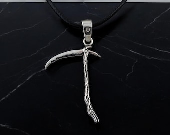 Sterling silver Grim reaper scythe pendant, Unique gothic jewelry gift necklace