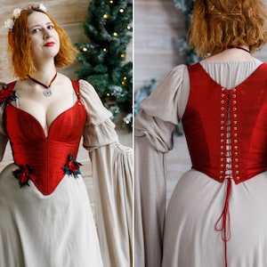 Fantasy red silk corset, overbust corset, LARP costume, Renfair outfit