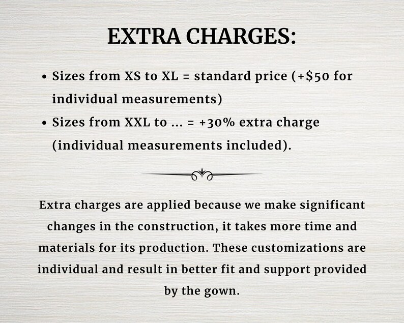 Pu&ograve; includere: Si applicano costi aggiuntivi per le taglie personalizzate. Le taglie XS-XL hanno il prezzo standard pi&ugrave; &euro; 50 per le misure individuali. Le taglie XXL e superiori hanno un sovrapprezzo del 30%, incluse le misure individuali. Questi costi sono dovuti al tempo e ai materiali aggiuntivi necessari per la costruzione personalizzata.