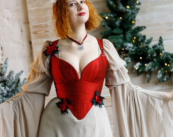 Fantasy red silk corset, overbust corset, LARP costume, Renfair outfit