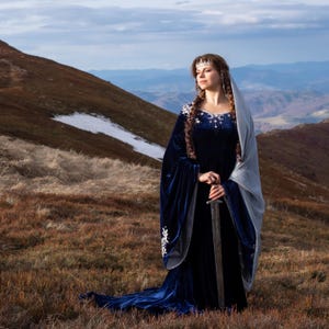 Blue elven dress silver embroidery, Fantasy dress, Fairy wedding dress, LARP clothing, Ren faire dress
