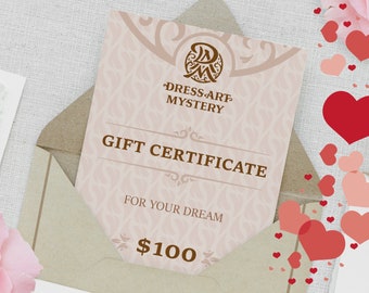 Gift card for DressArtMystery costumes, Gift Voucher for 100 dollars, Last minute present, Surprise Gift