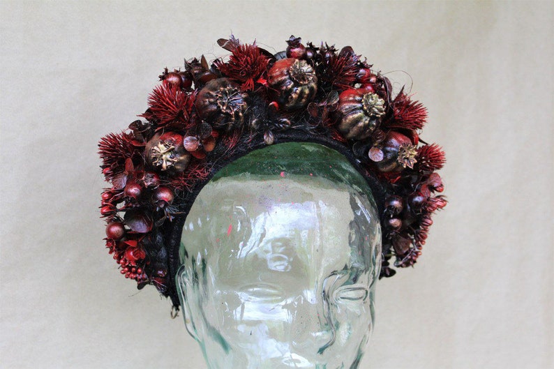 Floral witch headdress, Pagan headpiece, Flower crown, LARP fantasy costume, Gothic headdress, Flower wreath headband image 5