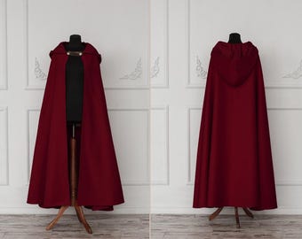 Vegan wool cloak with hood, Medieval fantasy hooded cloak, Dark Red hooded cape, LARP costume