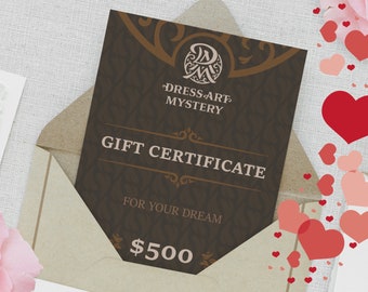 Gift card for DressArtMystery costumes, Gift Voucher for 500 dollars, Last minute present, Surprise Gift