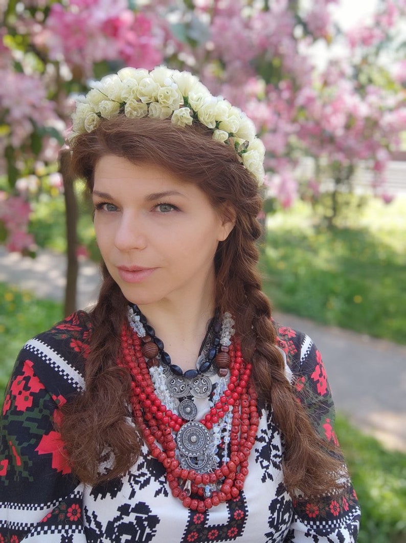 Ukrainian headdress , Wax flowers bridal headdress, Floral wedding headpiece, Ukrainian head wreath, White Headband image 6