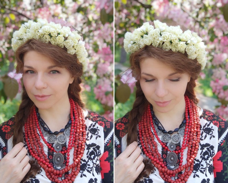 Ukrainian headdress , Wax flowers bridal headdress, Floral wedding headpiece, Ukrainian head wreath, White Headband image 1