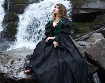 Vestido élfico de fantasía oscura, corsé verde hasta el medio busto, disfraz de hada, disfraz para LARP, hecho a medida.