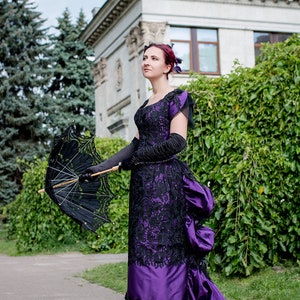 Purple victorian dress, Victorian ballroom gown, Historical costume, Victorian corset dress