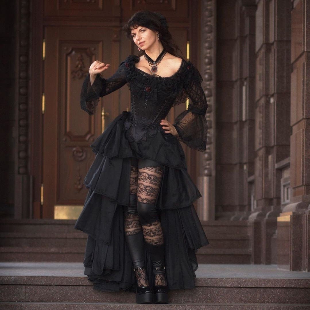 Black gothic wedding dress Ruffle skirt Tight lacing corset | Etsy