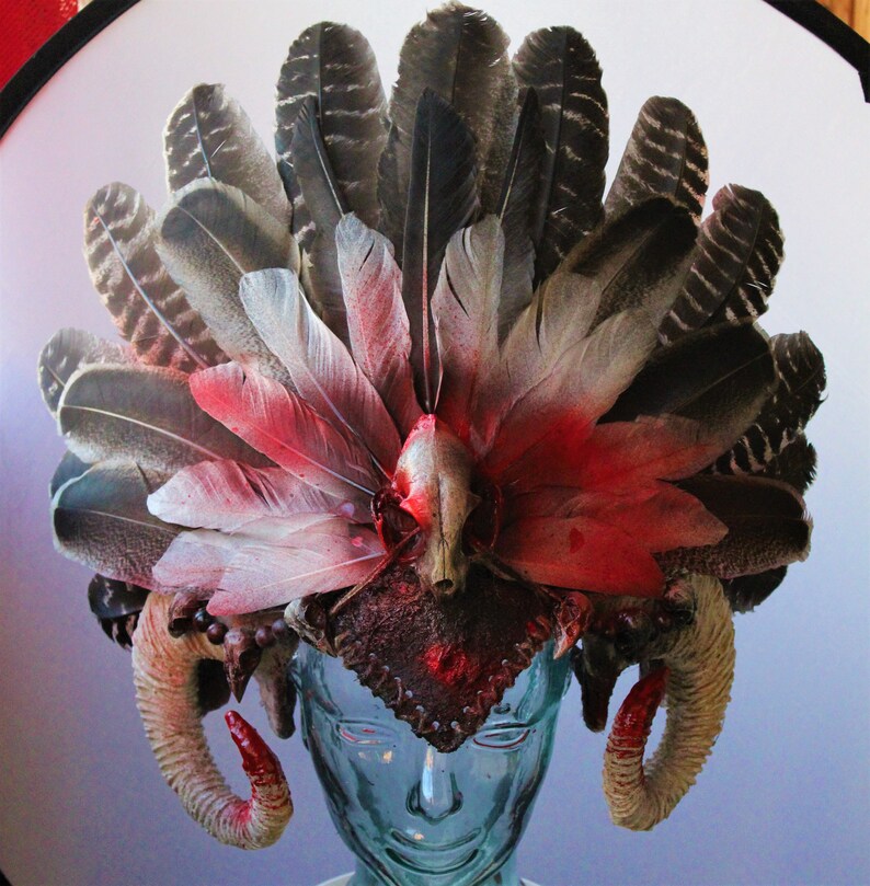 Feather Headdress Shaman Costume Ram Horns Indian Headpiece Etsy UK