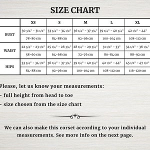 May include: Size chart for a corset with measurements in inches and centimeters for bust, waist, and hips. Sizes include XS, S, M, L, and XL.