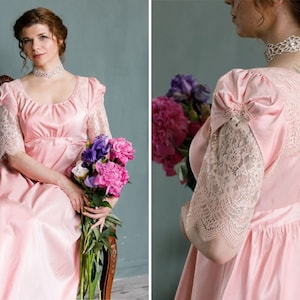 Rose silk Regency gown, Regency dress, Bridgerton style empire waist dress, Pride and Prejudice Jane Austen