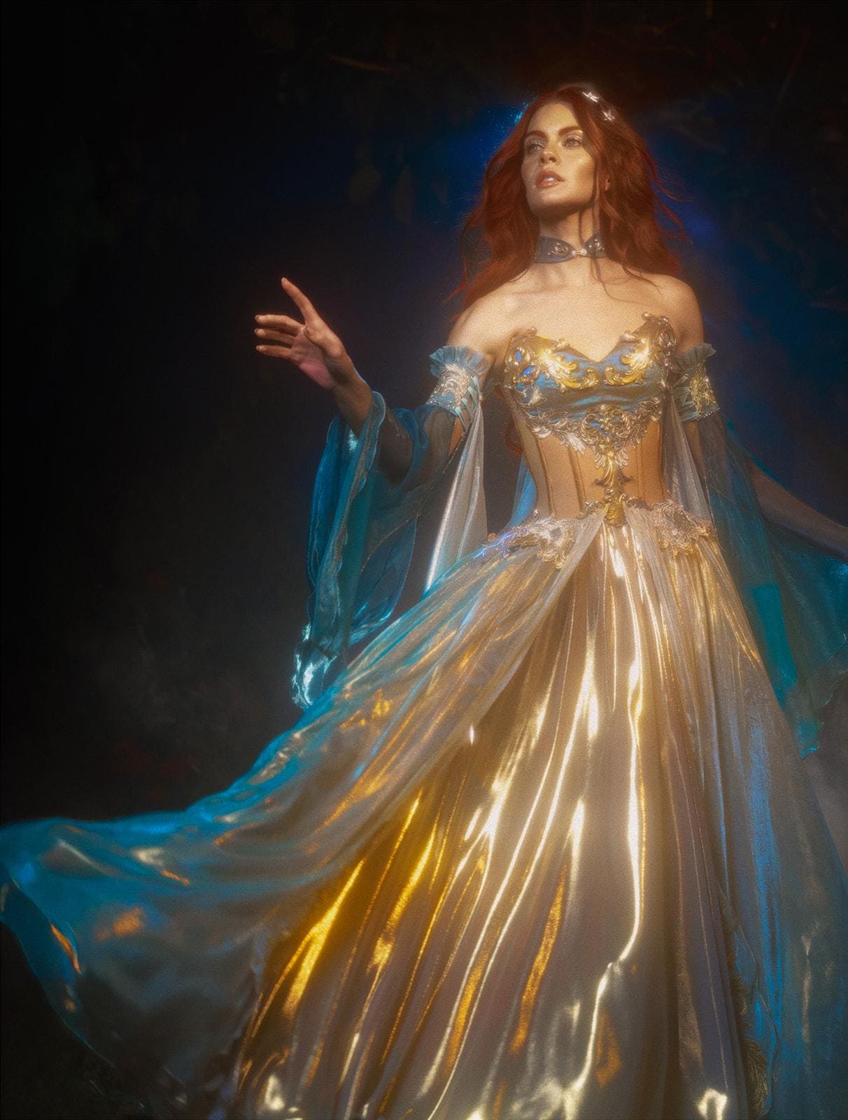 golden fantasy dress Custom-made Fantasy Dress, White and Gold Embroidered Elven Wedding