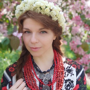 Ukrainian headdress , Wax flowers bridal headdress, Floral wedding headpiece, Ukrainian head wreath, White Headband image 4