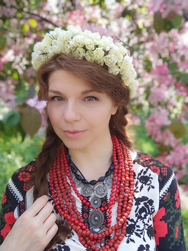 Ukrainian headdress , Wax flowers bridal headdress, Floral wedding headpiece, Ukrainian head wreath, White Headband image 4