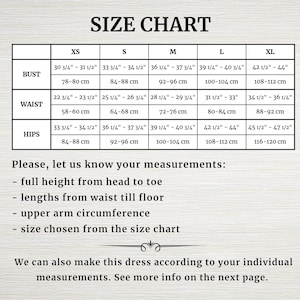 May include: Size chart for clothing with measurements in inches and centimeters. Bust, waist, and hip measurements are listed for sizes XS, S, M, L, and XL.