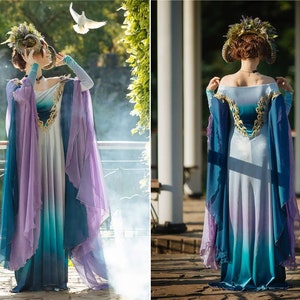 Velvet fantasy gown, Green and purple ombre fabric, Fairy Elven wedding dress, Ren Faire costume, Made to order image 1