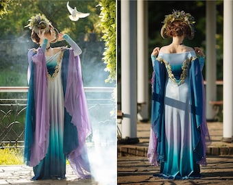 Velvet fantasy gown, Green and purple ombre fabric, Fairy Elven wedding dress, Ren Faire costume, Made to order