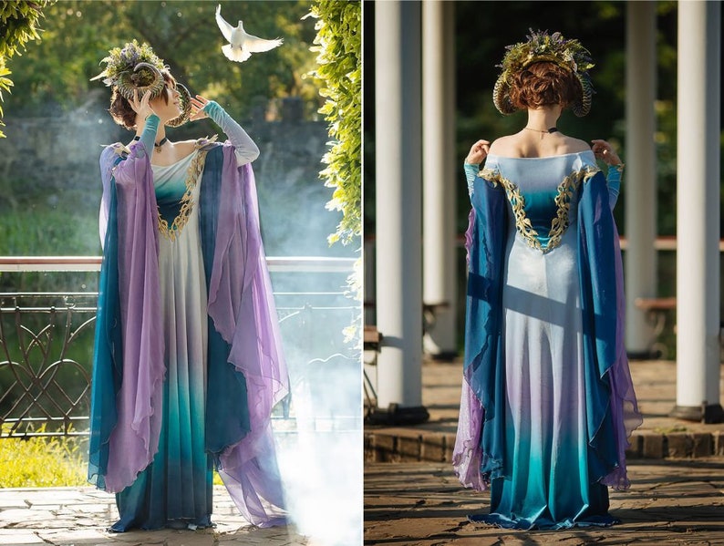 Velvet fantasy gown, Green and purple ombre fabric, Fairy Elven wedding dress, Ren Faire costume, Made to order image 1