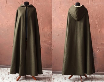 Long wool cloak with hood, Fantasy medieval cloak, Hooded cape, LARP costume