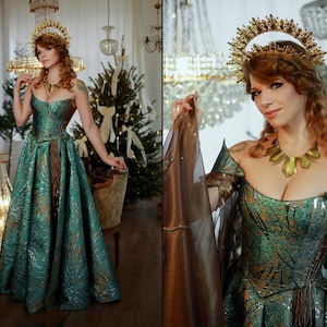 Ocean Depths Fantasy Gown - Jacquard Dress with Crystal and Bead, Fairy Elven wedding dress, Ren Faire costume, Made to order