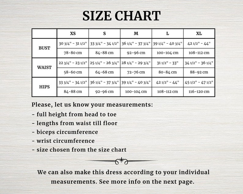 Puede incluir: Tabla de tallas para ropa con medidas en pulgadas y cent&iacute;metros. La tabla incluye las tallas XS, S, M, L y XL. Se proporcionan medidas para el busto, la cintura y las caderas.
