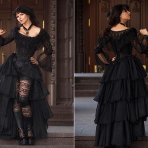 Black gothic wedding dress, Ruffle skirt, Tight lacing corset, Vampire ball gown, Alternative wedding