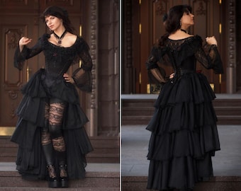 Black gothic wedding dress, Ruffle skirt, Tight lacing corset, Vampire ball gown, Alternative wedding