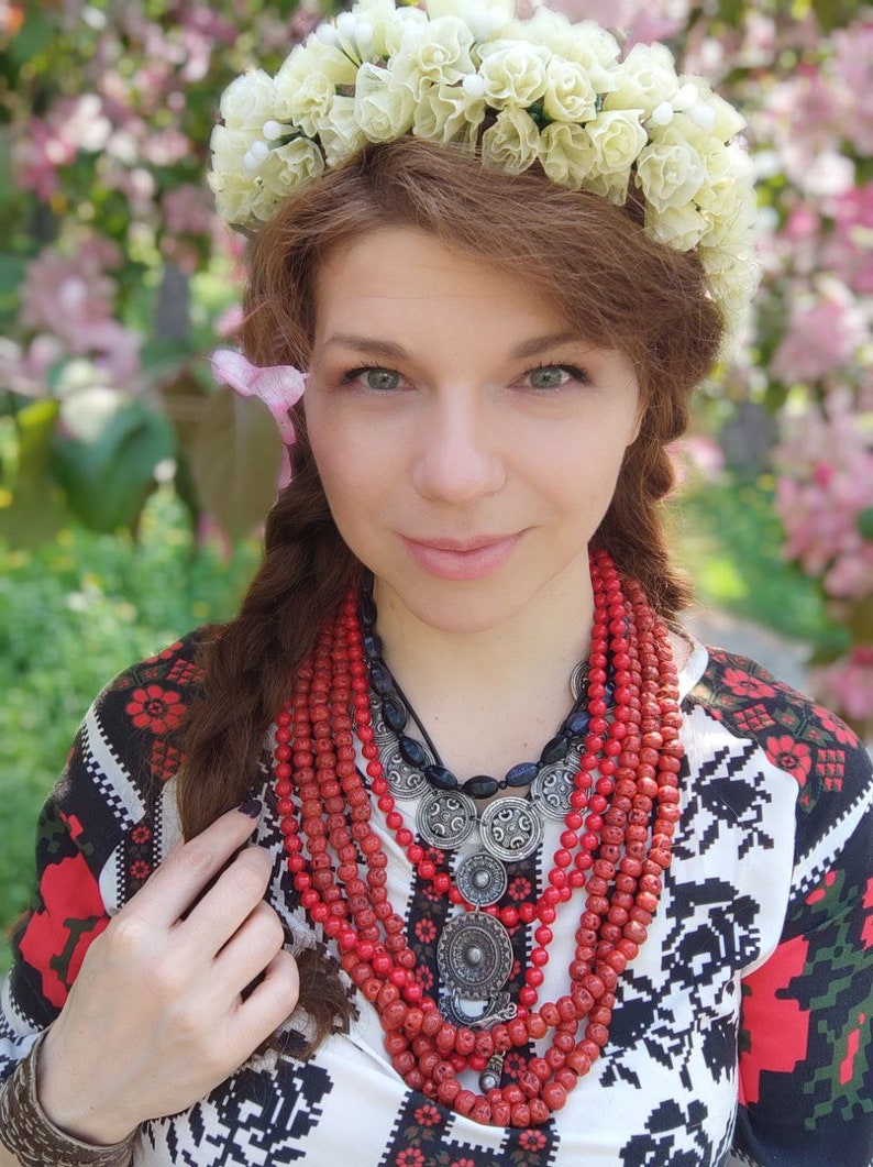 Ukrainian headdress , Wax flowers bridal headdress, Floral wedding headpiece, Ukrainian head wreath, White Headband image 3