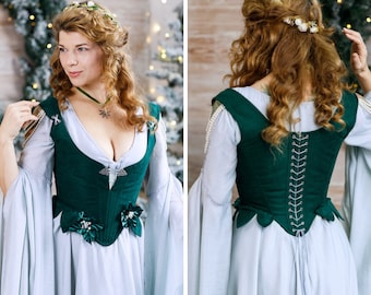 Green fantasy corset, elegance woman clothing, midbust green corset, LARP costume, Renfair outfit