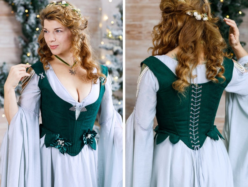 Green fantasy corset, elegance woman clothing, midbust green corset, LARP costume, Renfair outfit image 1