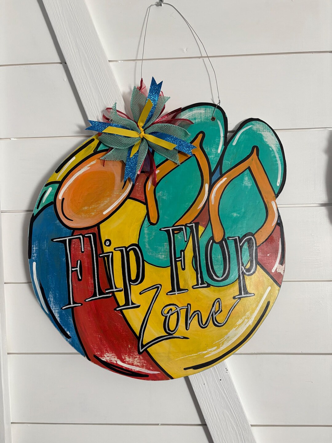 Summer Beach Ball Flip Flops Door Hanger With Bow, Door Decor, Hand ...