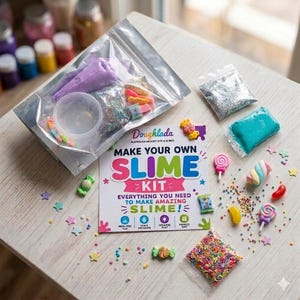 May include: A DIY slime kit featuring a large silver pouch containing purple slime, a clear container, and glitter. Includes a white instruction card labelled Doughlada Make Your Own Slime Kit, plus small bags of teal slime, silver glitter, and colourful sprinkles.