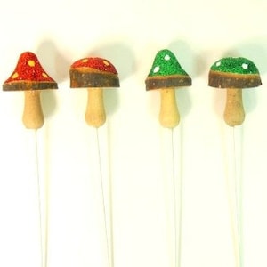 4 Red Or Green Glitter Mushrooms Wooden Mushrooms Craft Mushrooms Fake Mushrooms Cake Topper Embellishment Wreath