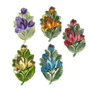 1 toppe antiche in seta con fiori di tulipano, toppe ricamate, toppe antiche con fiori, toppe con tulipani, applique 1935 n. 4