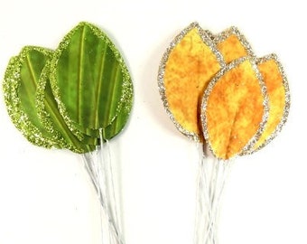 12 Fake Glitter Leaves Green Yellow Gold Autumn Leaves Fall Leafs Leaves Artificial leaves Craft Supplies Scrapbooking Leaves Nr 1