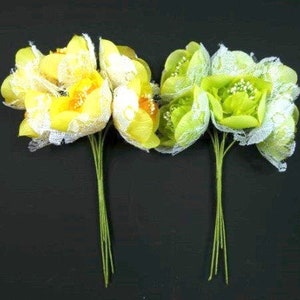 Ranunculus 6 Green Or Yellow Flowers With Lace Artificial Flowers Fake Flowers Silk Flowers Green Decorative Flowers Craft Flowers