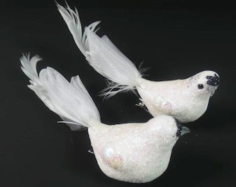 2 White Glitter Birds Fake Birds Artificial Birds Wedding Birds Cake Topper Birds Centerpiece Bouquet Craft Birds