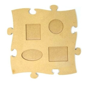 May include: A wooden picture frame with a puzzle piece design. The frame has four openings for pictures, two rectangular and two oval.