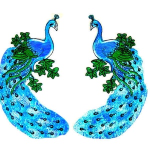 1 Bright Blue Peacock  Iron On Applique Turquoise Peacock Applique Jumbo Peacock Bird Applique Iron On Applique Left Looking