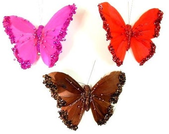 2 borboletas rosa, vermelhas ou marrons, borboletas falsas, borboletas artificiais, penas, enfeites de borboleta, toppers de bolo
