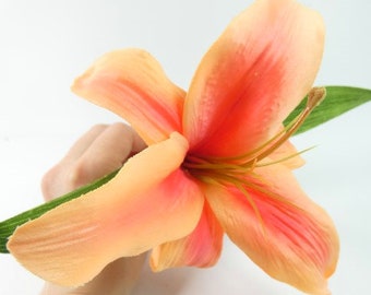 1 Orange Peach Oriental Lily Silk Flower Orange Pink Silk Lily Flower Artificial Flowers Fake Flowers Silk Flowers Decorative Flowers