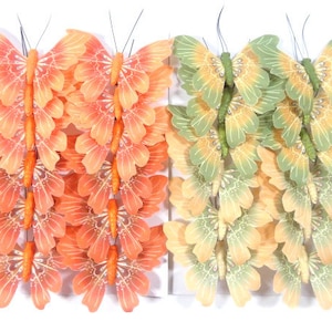 12 Orange Or Green Butterflies Artificial Fake Feather Butterflies Fairy Flower Crown Cake Topper Flower Arrangement Bouquet Wreath